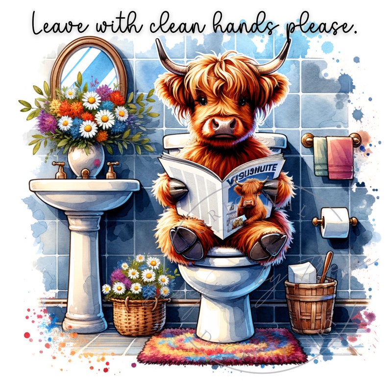 Highland Cow Bathroom Toilet Funny Digital Art Designs PNG Instant