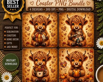 Highland Cow Fall Coaster Bundle, Autumn Sublimation PNG, Pumpkin Harvest Design, Farmhouse Decor Set, Cute Rustic Art Files