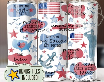 Envoltura para vaso floral delgado de 20 oz con afirmaciones militares "Mi hijo, mi marinero", diseño de sublimación, descarga digital instantánea PNG