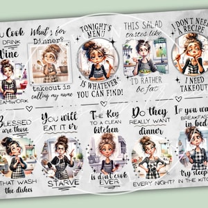 May include: A decorative print with cartoon illustrations of a woman in a kitchen. The print includes phrases about cooking and food, such as "You Cook, I'll Drink Wine" and "I Don't Need a Recipe, I Need Takeout!"