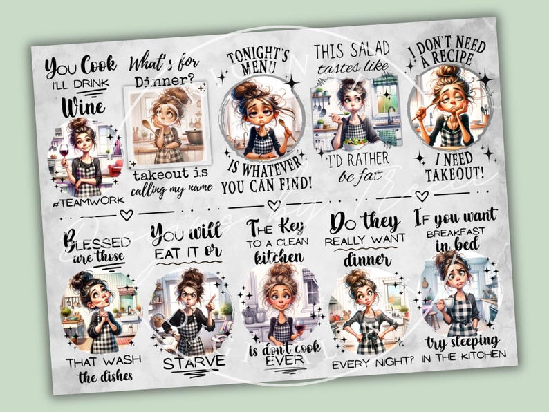May include: A decorative print with cartoon illustrations of a woman in a kitchen. The print includes phrases about cooking and food, such as "You Cook, I'll Drink Wine" and "I Don't Need a Recipe, I Need Takeout!"