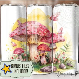 Cottage Core Yellow Red Mushrooms Mystical Magical 20 oz Skinny Tumbler Wrap, Sublimation Design, Instant Digital Download PNG