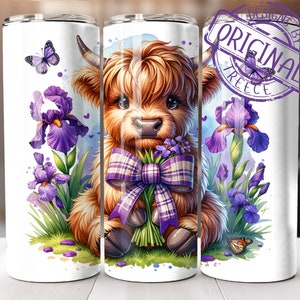 May include: A cute cartoon Highland cow with brown fur and a purple plaid bow holding a bouquet of purple flowers. The cow is surrounded by purple iris flowers and butterflies on a white background.