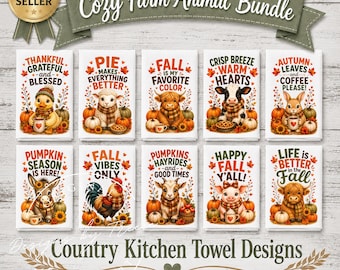 Cozy Farm Animal Kitchen Towel PNG Bundle | 10 Fall Sublimation Designs | Country Farmhouse Digital Download