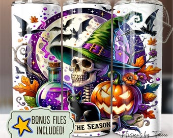 Spooky Skeleton Witch 20oz Tumbler Wrap: Halloween Seamless Design Sublimation PNG Digital Download