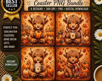 Highland Cow Fall Coaster Bundle, Autumn PNG Sublimation Design, Pumpkin Latte Cow Art, Cozy Farmhouse Decor Set, Rustic Harvest Files