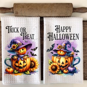 Halloween Scarecrow Pumpkin Cup Kitchen Hand Towel - Apron Sublimation Design - Happy Halloween - Trick or Treat PNG Digital Download