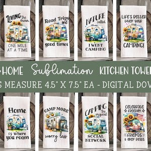 12 Camper Home Kitchen Towel Sublimation Bundle - Kitchen Towel Designs - Outdoor Camping Towel Design Bundle