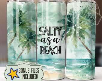 Salty as a Beach Oceaan palmbomen zeeschuim aquarel 20 oz magere bloemen beker wrap, sublimatie ontwerp, instant digitale download, png