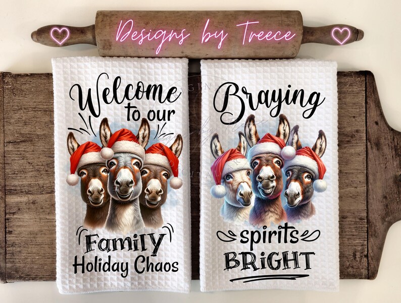 Funny Christmas Donkeys Kitchen Hand Towel Apron Sublimation Bundle PNG