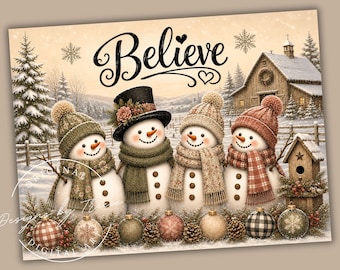 Farm Snowman Family Cutting Board PNG, Believe Christmas Farmhouse Winter Digital Design
