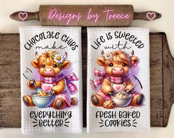 Highland Cow Chocolate Chip Kitchen Towel PNG | Farmhouse Baking Sublimation Design