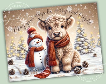 Highland Cow Snowman Kitchen Glass Cutting Board Sublimation Design PNG Digital Download