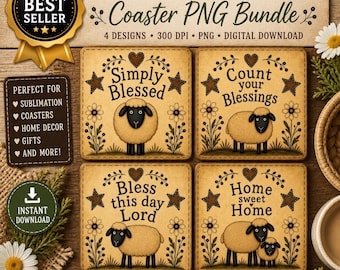 Paquete de imágenes PNG de posavasos con diseño de ovejas rústicas, diseño de posavasos estilo granja, decoración rústica PNG, archivos de sublimación, descarga digital de arte campestre