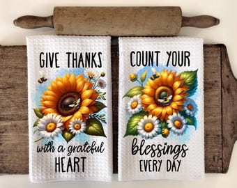 Toalla de cocina de otoño con girasoles: Agradece y cuenta tus bendiciones (descarga digital PNG)