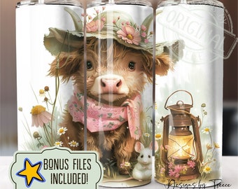 Highland Cow Pink Garden 20oz Tumbler Wrap (PNG Digital Download)