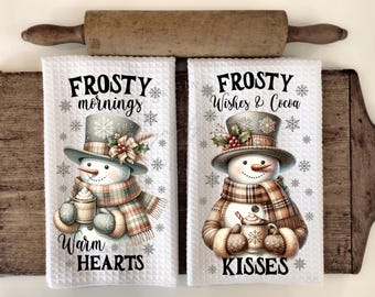 Winter Snowman Kitchen Hand Towel Apron Sublimation Bundle PNG Designs Digital Download Frosty Mornings Warm Hearts, Wishes Cocoa Kisses
