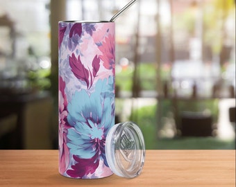 Floral 20oz Stainless Steel Water Bottle, Skinny Tumbler with Straw, Thermos, Bachelorette Tumbler, Bridesmaid Tumbler, Pink Tumbler, Art