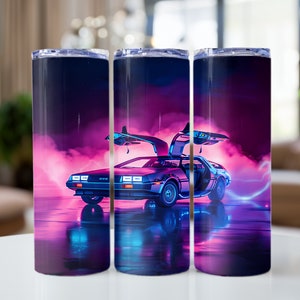 May include: A stainless steel travel mug with a retro-futuristic design. The image shows a DeLorean car with its doors open, set against a neon pink and purple background. The design wraps around the mug.