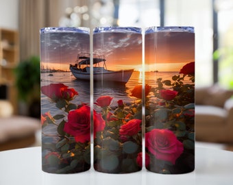 flowers Sunset Beach Scene 20 oz Skinny Tumbler Sublimation Design, sunset boat flowers Wrap, Instant Digital Download PNG