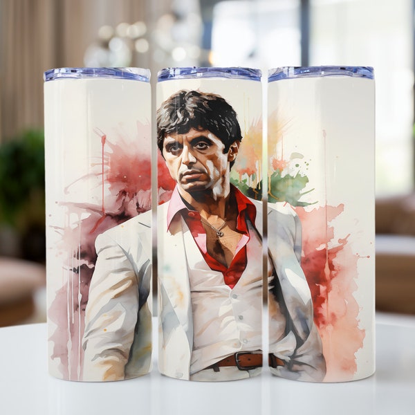 Scarface Inspired tony Montana Custom Digital Art watercolor design 20 oz Sublimation Tumbler Design, Skinny Tumbler Wrap PNG