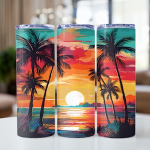 May include: Three stainless steel tumblers with a colorful sunset and palm tree design. The tumblers are a vibrant orange, yellow, red, and blue.