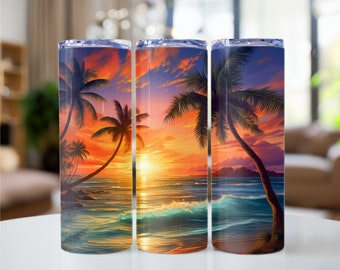 Tropical Sunset Beach Scene 20 oz Skinny Tumbler Sublimation Design, palm trees sunset Wrap, Instant Digital Download PNG