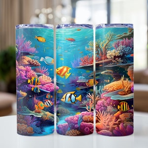 3D Fish Coral Reef Ocean 20 oz Skinny Tumbler Sublimation Design, Tumbler Wrap, Instant Digital Download PNG
