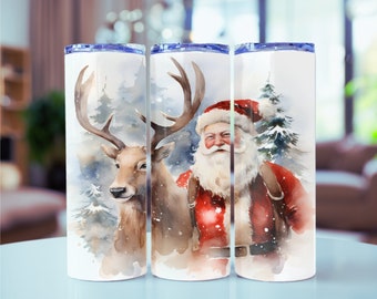 Santa Claus watercolor Christmas 20 oz Skinny Tumbler Sublimation Design, Straight Tumbler Wrap, Instant Digital Download PNG