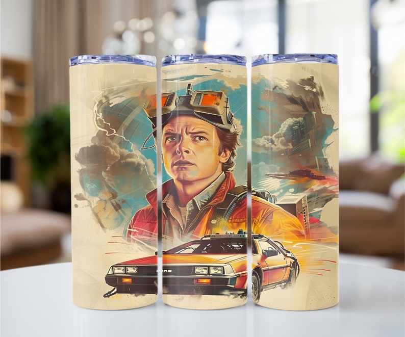 May include: A stainless steel tumbler with a retro-style illustration of a character from the movie Back to the Future. The illustration features the character in a futuristic outfit, driving a DeLorean time machine. The background is a colorful depiction of a city skyline and clouds.