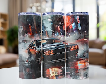 Challenger 20oz Tumbler Sublimation Design PNG Muscle Car Tumbler Wrap Sports Car Tumbler Racing Car Wrap watercolor Digital Download