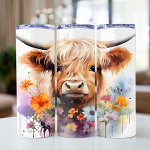 Baby Highland Cow watercolor 20 oz Tumbler Wrap, Digital Download PNG, Sublimination Design, Digital Download
