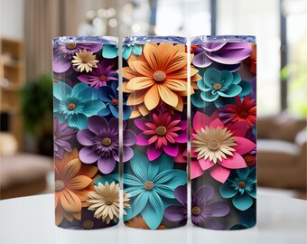 3D colorful Flowers 20 oz Skinny Tumbler Sublimation Design, Tumbler Wrap, Instant Download PNG