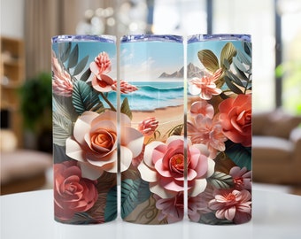 3D Beach Flowers & Ocean Landscape Skinny Tumbler Wrap 20oz Sublimation PNG - Instant Digital Download