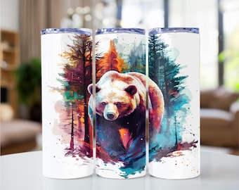 Gobelet enveloppant ours 20 oz gobelet skinny sublimation design aquarelle gobelet Png Nature design transparent en téléchargement numérique