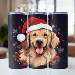 Golden retriever Christmas 20oz skinny tumbler sublimation design Cute dog in santa hat digital PNG Straight wrap download