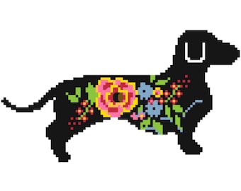 Floral Dachshund Cross Stitch Pattern PDF