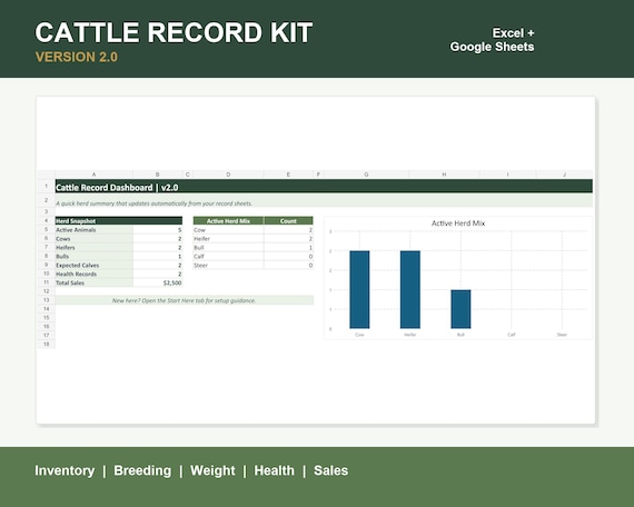Cattle Record Keeping Spreadsheet v2.0 | Excel and Google Sheets Livestock Tracker