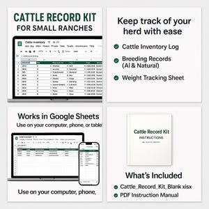 May include: A cattle record kit for small ranches, displayed on a laptop, phone, and tablet. The kit includes a cattle inventory log, breeding records, and a weight tracking sheet. The kit works in Google Sheets and includes a PDF instruction manual.