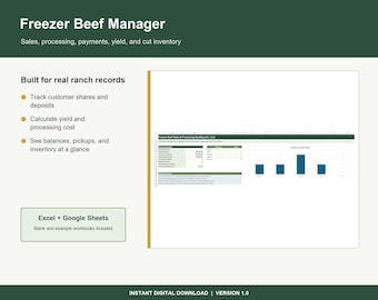 May include: A digital spreadsheet template titled Freezer Beef Manager for tracking ranch sales, processing, payments, yield, and cut inventory. The interface includes a dashboard with data tables and a bar chart for Excel and Google Sheets.