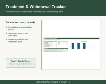 May include: A digital Treatment & Withdrawal Tracker spreadsheet template for ranch records. The interface includes sections for logging animal treatments, calculating meat and milk clear dates, and reviewing medication alerts, compatible with Excel and Google Sheets.