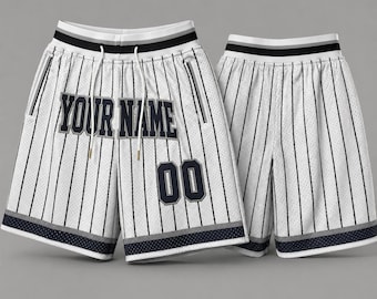 Pantalones cortos de baloncesto personalizados con nombre y número bordados personalizados para hombre. Pantalones cortos deportivos de secado rápido con rayas blancas.