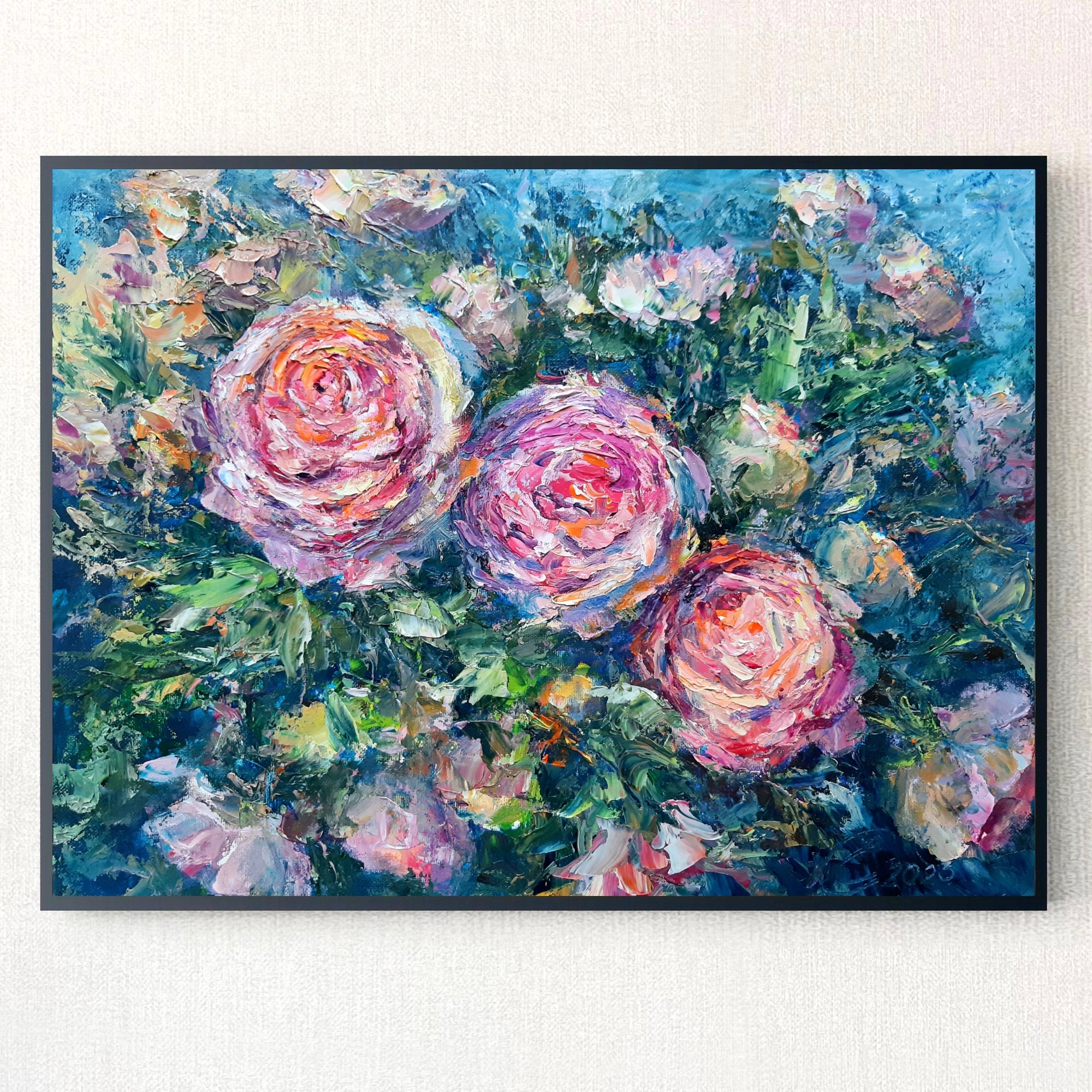 ピンクのバラのインパスト：キャンバスに描かれた花の油絵（18x14