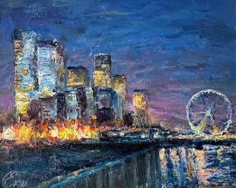 Original Ölgemälde: Nachtlichter in der Stadt, romantische Stadtlandschaft, impressionistischer Kunst (20 cm x 25 cm)