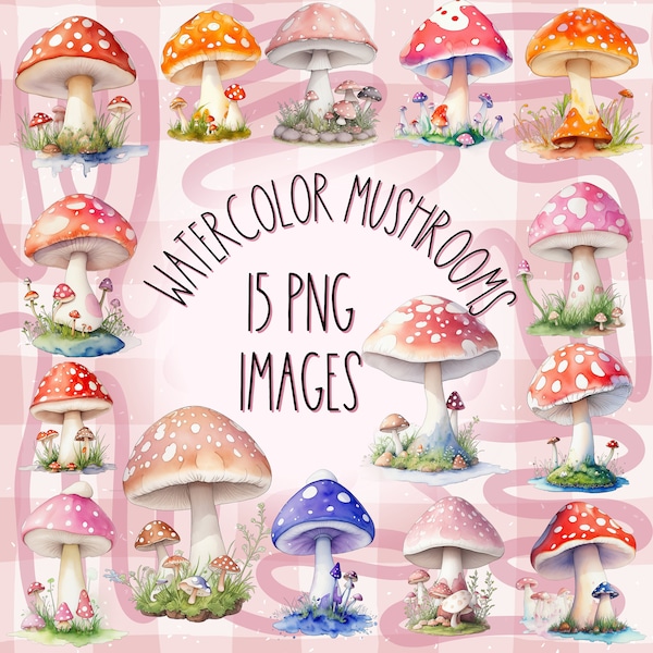 Watercolor Mushrooms Clipart, Fairy Toadstools, Psychedelic colorful, 15 Sublimation PNG Images
