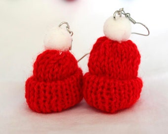 Winter Hat Jewelry, red Hat Earrings, knitted Earrings, beanie Earrings, realistic Earrings, christmas Cute Gifts, hat Earring