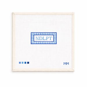 May include: Square needlepoint canvas with a white background and a blue gingham border. The center features the letters "NDLPT" within a light blue rectangle. Three blue squares are on the left, and "MM" is on the right.