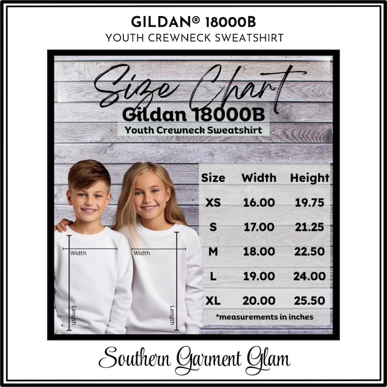 May include: Gildan 18000B youth crewneck sweatshirt size chart featuring two children wearing white sweatshirts. The chart lists sizes XS through XL with corresponding width and height measurements in inches, ranging from 16.00 to 25.50 inches.