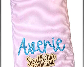 Embroidered Seersucker Gingham Beach Towel Lined with Terry Cloth, Personalized Ruffle Beach Towel, Monogrammed Pool Towel, Beach Essentials