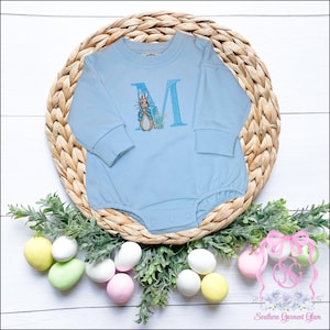 Personalized Easter Sweatshirt Bubble Romper, Monogrammed Easter Bubble, Embroidered Infant Easter Bubble, Peter rabbit infant bubble romper